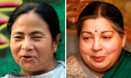Femeile politician Mamata Banerjee si Jayalalithaa. Fotograf: Chowdhury/Mukherjee/AFP/Getty Images
